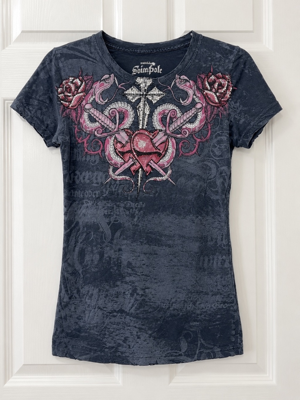 Y2K Sinful by Southpole Rhinestone Heart Dagger Snake Rose Graphic Tee Small